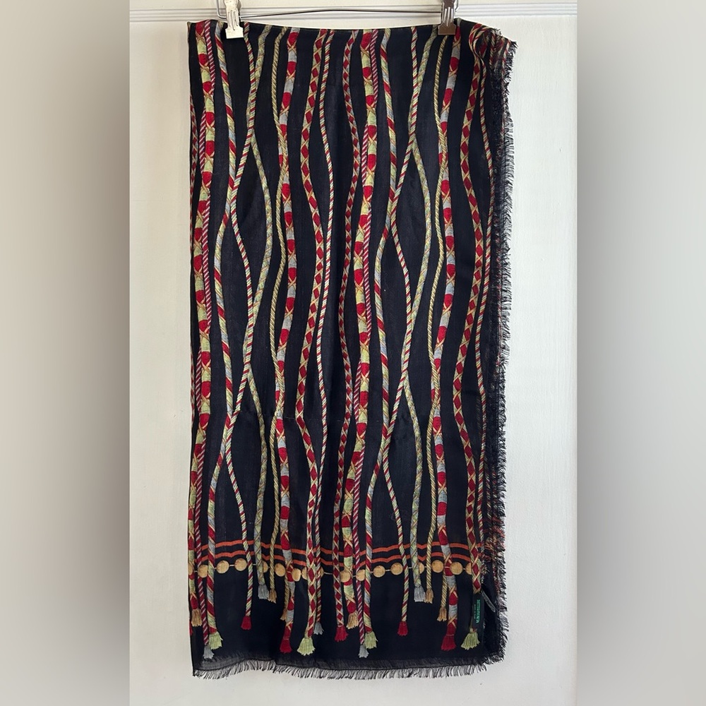 Vintage Bottega Veneta Silk Wool Rope Tassel Print Wrap Scarf Shawl 68x35